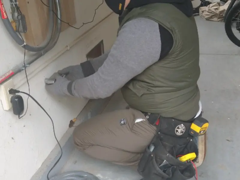 Electrician performing outlet wiring in a Manhattan garage